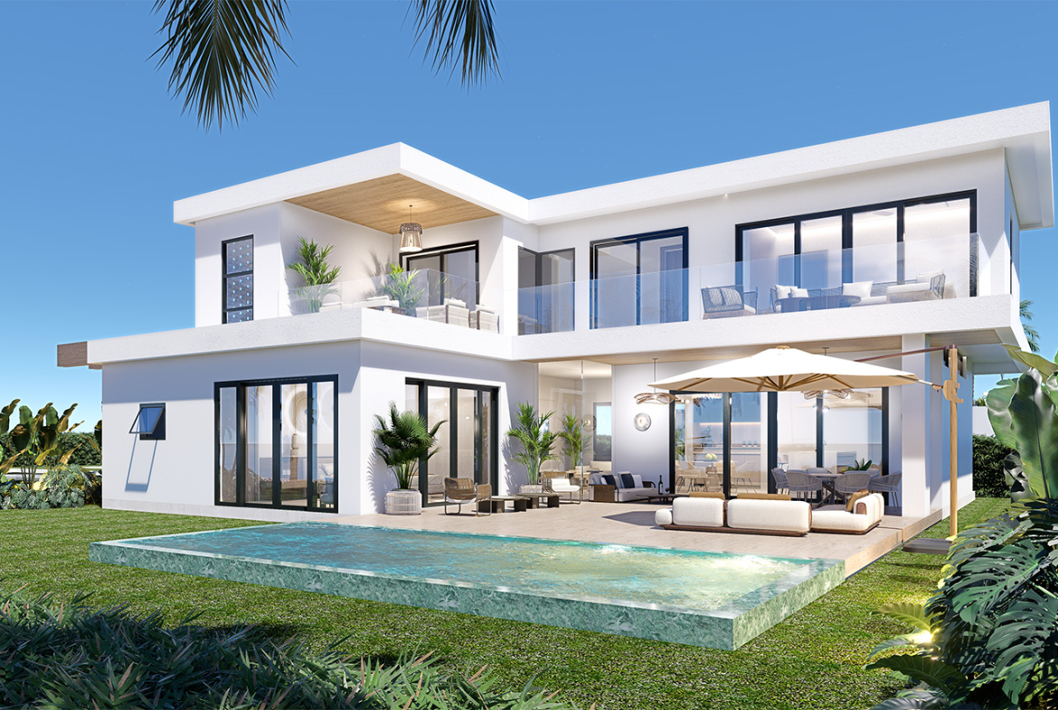 Modern white villa with swimming pool and lush tropical landscaping.