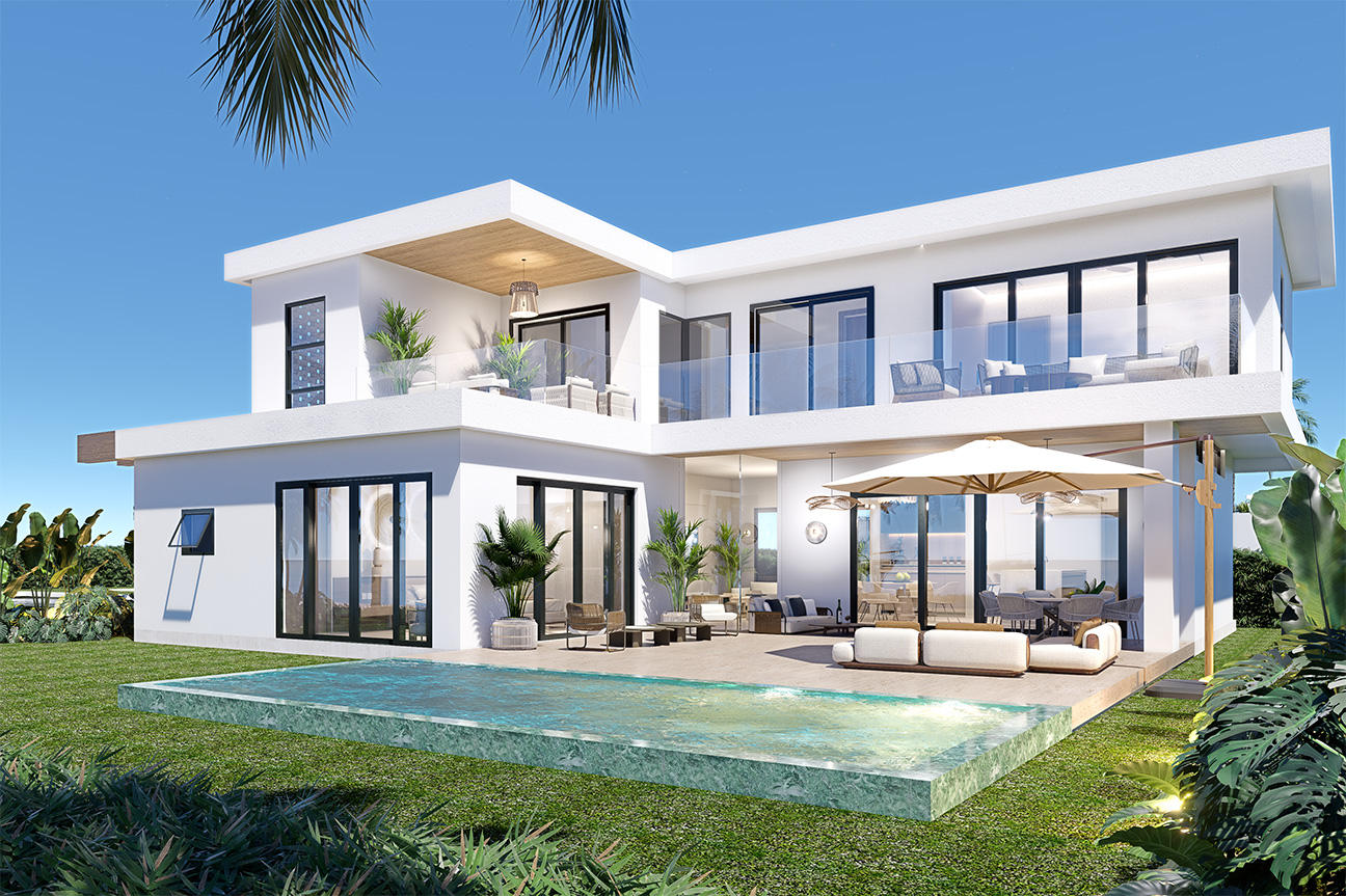 Modern white villa with swimming pool and lush tropical landscaping.