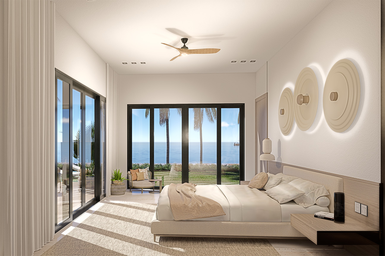 Luxury bedroom with ocean view, king-size bed, and modern decor