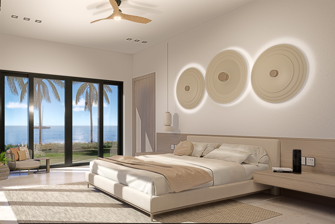 Luxurious bedroom with ocean view, king bed, and modern decor