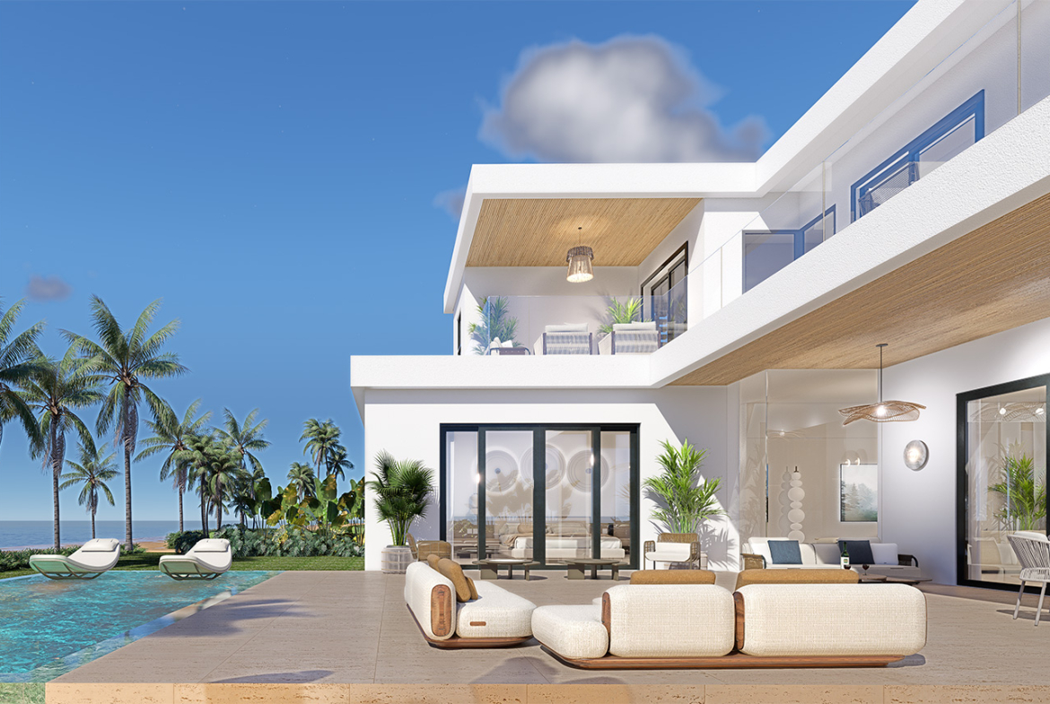 Modern white villa with pool and palm trees, luxury coastal living