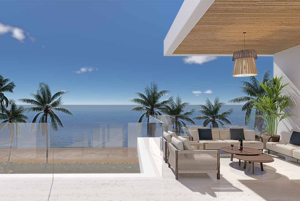 Luxury beachfront patio with palm trees, ocean view, and modern seating.