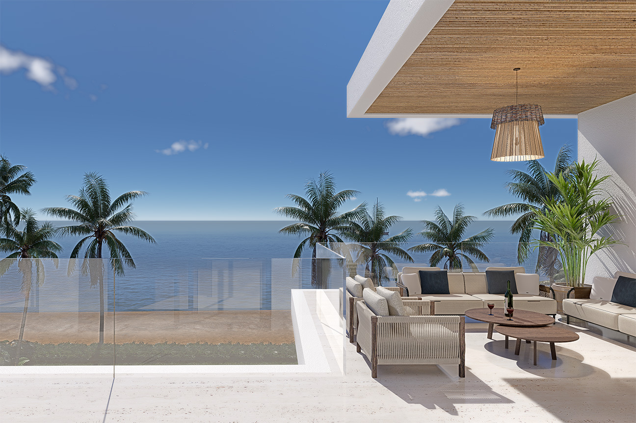 Luxury beachfront patio with palm trees, ocean view, and modern seating.