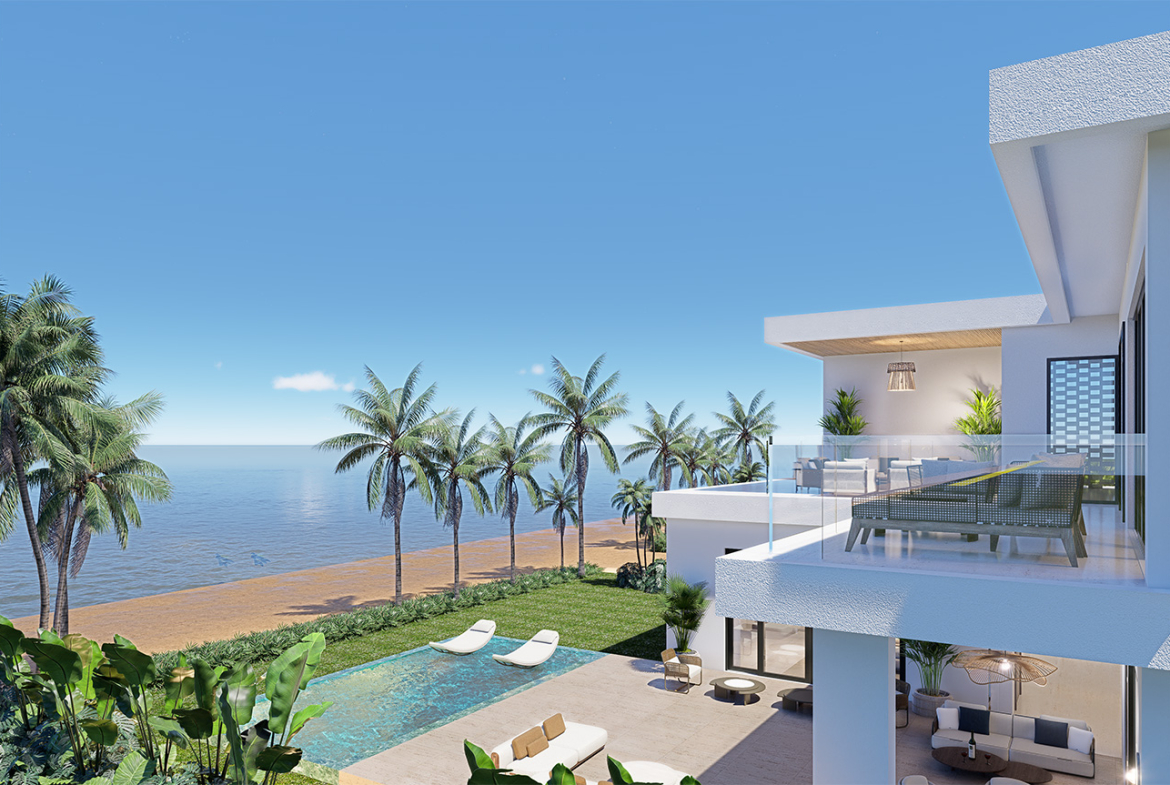 Luxury beachfront villa with infinity pool, palm trees, and ocean view