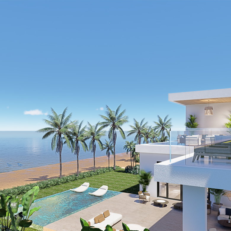 Luxury beachfront villa with infinity pool, palm trees, and ocean view