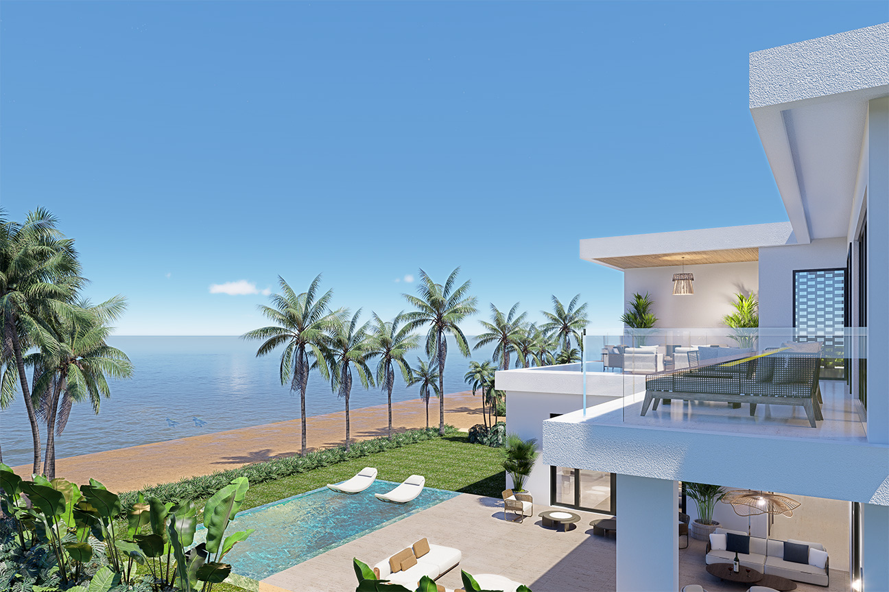 Luxury beachfront villa with infinity pool, palm trees, and ocean view