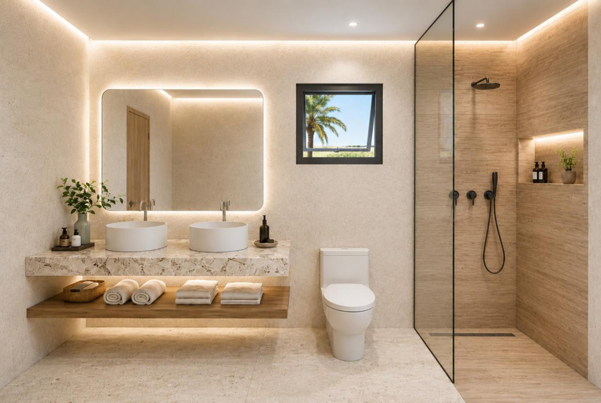 Modern bathroom with double vanity, walk-in shower, and natural light