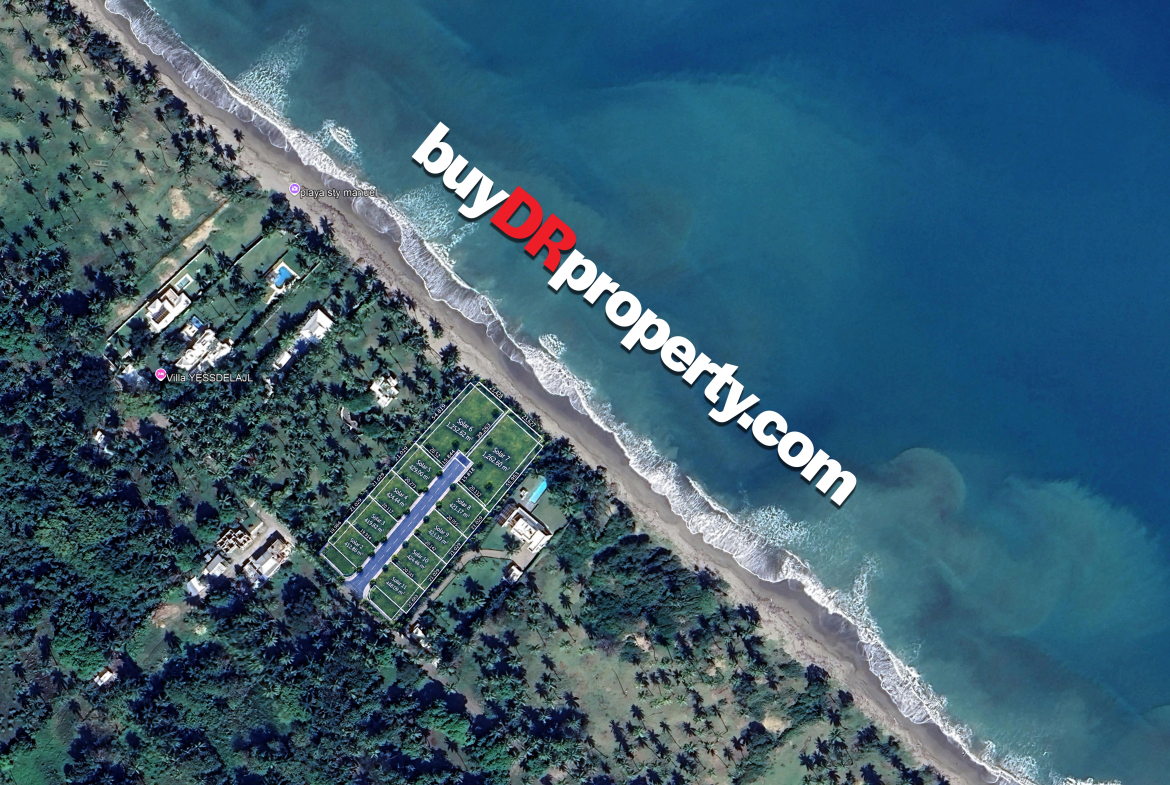 Aerial view of beachfront property lots for sale in Costa Rica with "buyDRproperty.com" watermark.