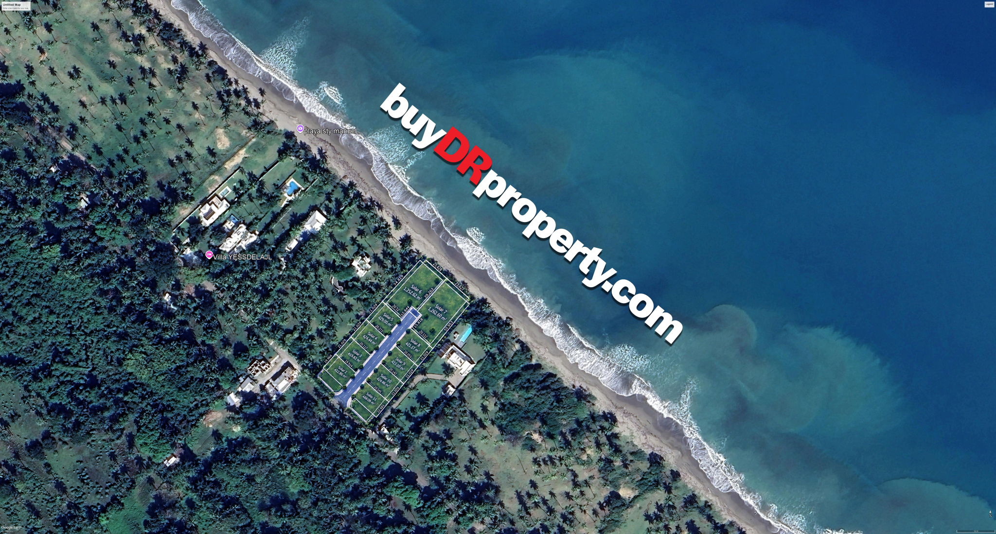 Aerial view of beachfront property lots for sale in Costa Rica with "buyDRproperty.com" watermark.