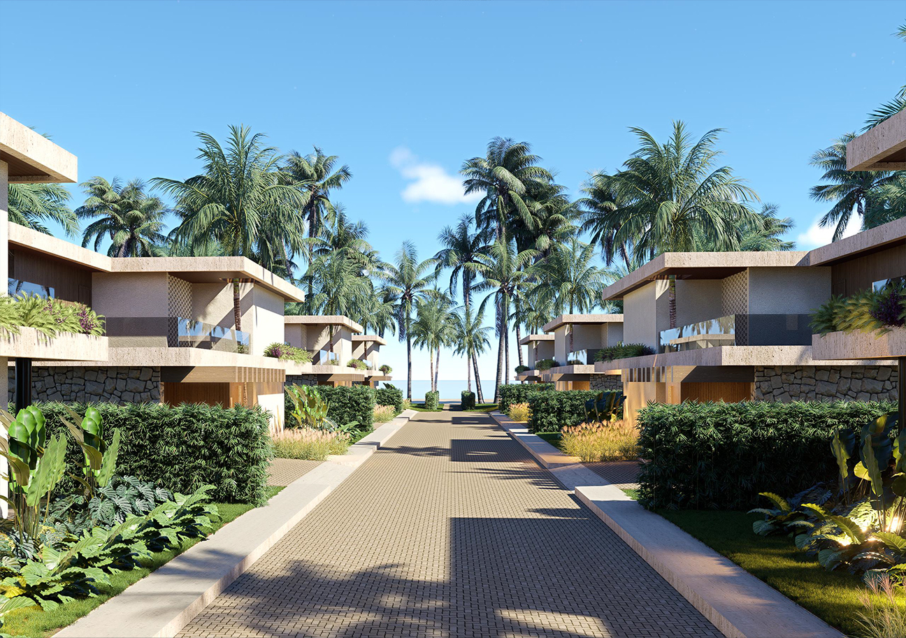 Modern villa complex with palm trees and a paved walkway