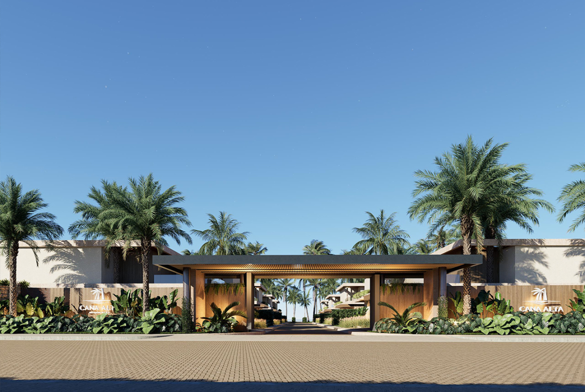Casa Alta entrance with palm trees and modern architecture.