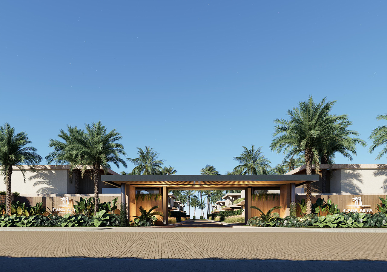 Casa Alta entrance with palm trees and modern architecture.