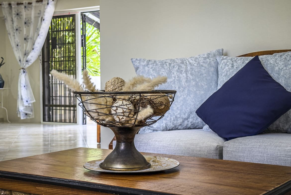 Decorative bowl with natural elements on a coffee table in a living room.