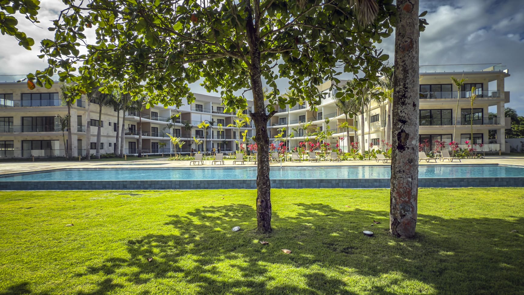 Modern resort with swimming pool and palm trees