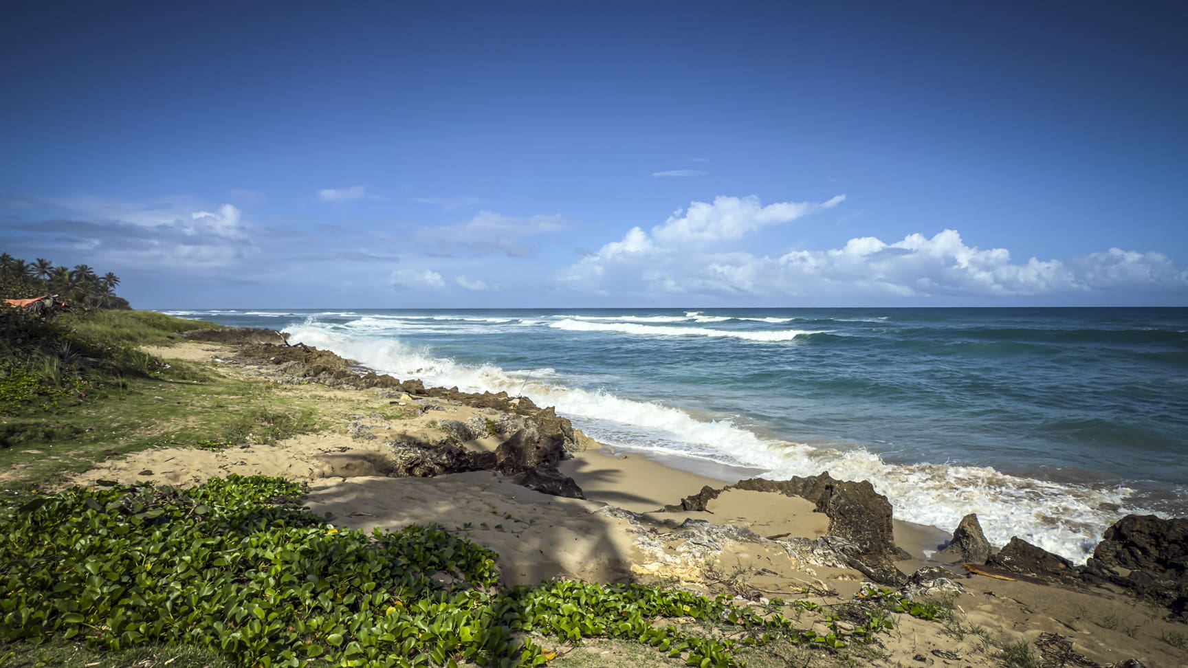 Waves crash on a rocky, tropical beach with lush green vegetation under a blue sky.