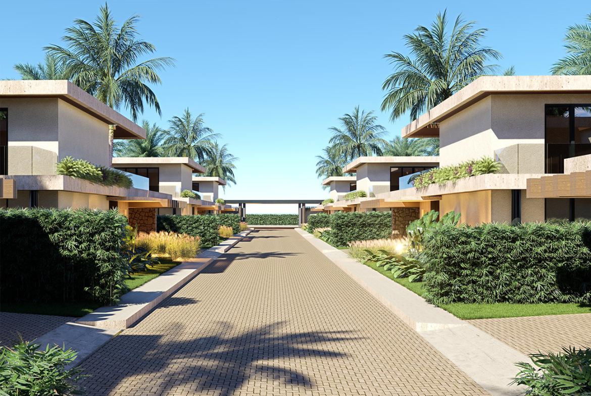 Modern tropical villas with lush landscaping and palm trees