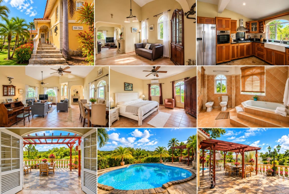 Collage of spacious rooms and outdoor areas of a luxury tropical villa, including kitchen, living room, pool, and patio.