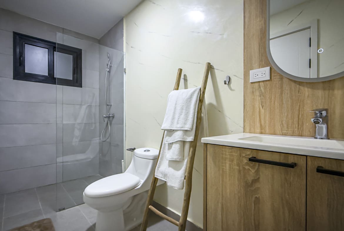 Modern bathroom with toilet, glass shower, and wood vanity with sink