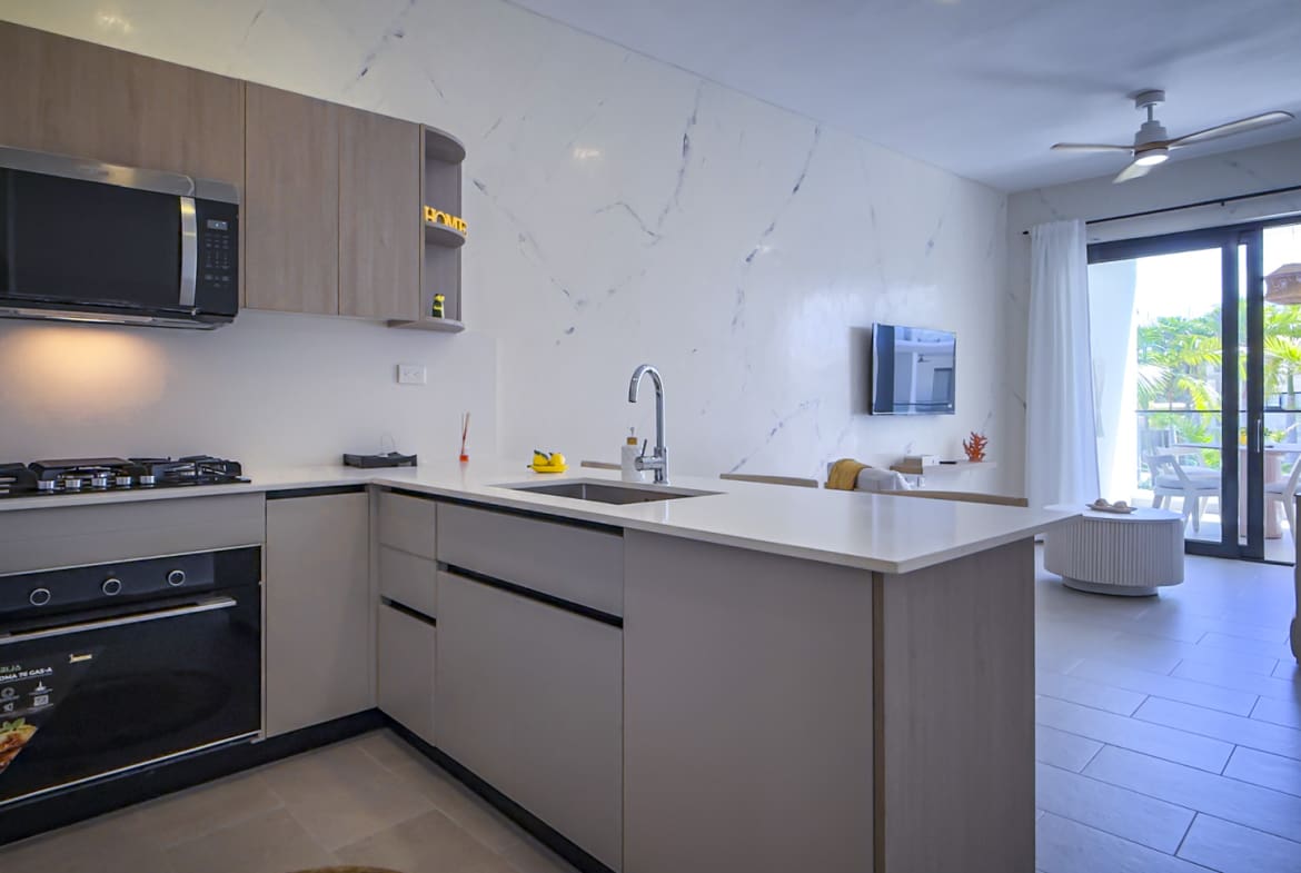 Modern kitchen and living area with sleek cabinetry, stainless steel appliances, and natural light