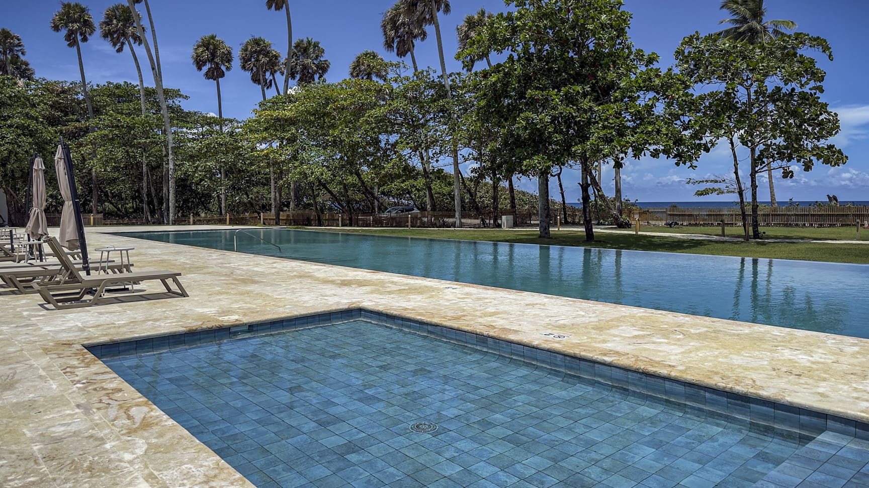 Luxury infinity pool and jacuzzi with palm trees and ocean view