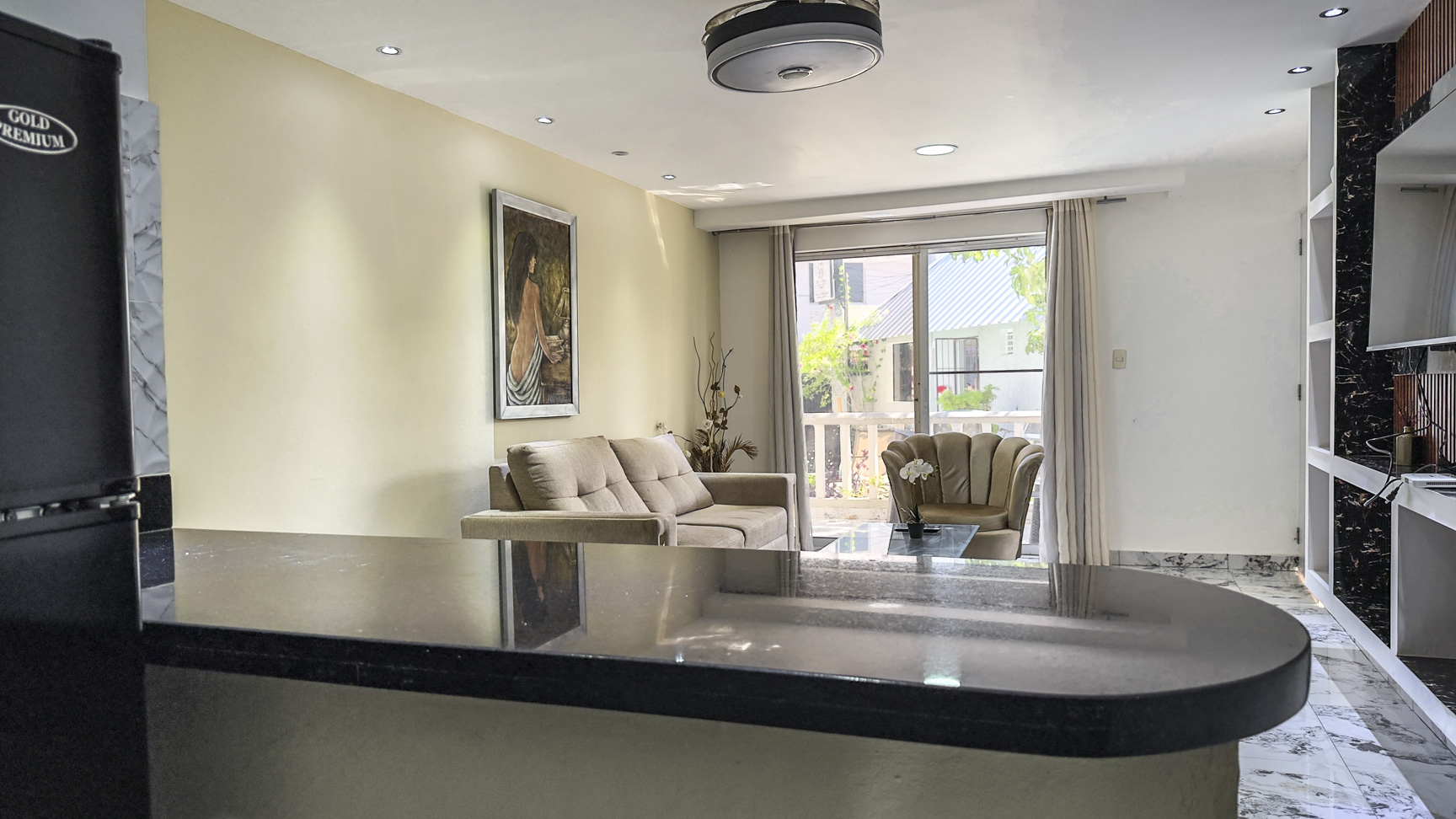 Modern apartment living room with kitchenette, featuring a sofa and armchair.