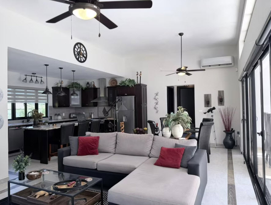 Modern open-plan living room and kitchen with sectional sofa and island
