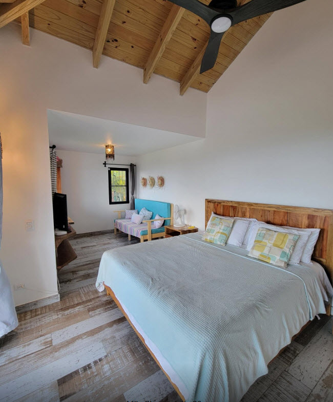 Villa Sky bedroom with king bed, light wood floors, and vaulted ceiling