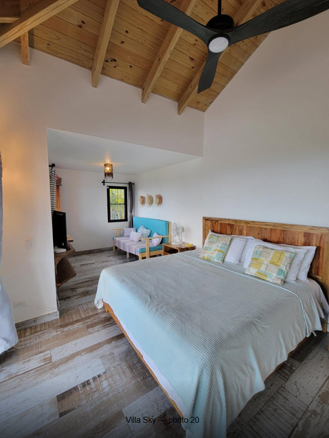 Villa Sky bedroom with king bed, light wood floors, and vaulted ceiling