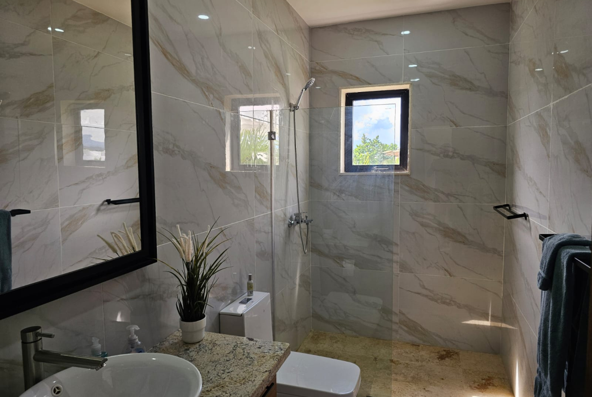 Modern bathroom with marble tiles, walk-in shower, and granite vanity.