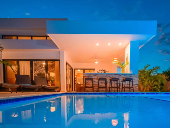 Modern villa with infinity pool and outdoor bar at dusk