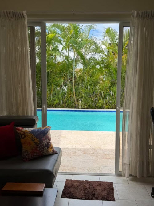 View from living room to private pool and palm trees