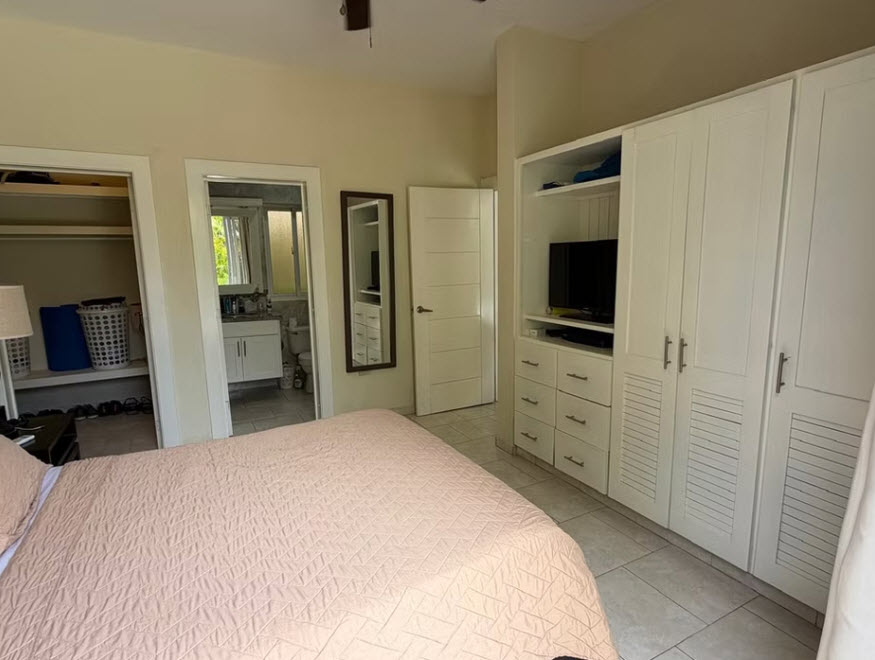 Master bedroom with large wardrobe, TV, and ensuite bathroom