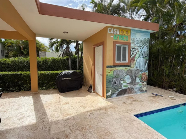 Casa Coco Aflico mural with African animals and waterfall, outdoor patio with pool