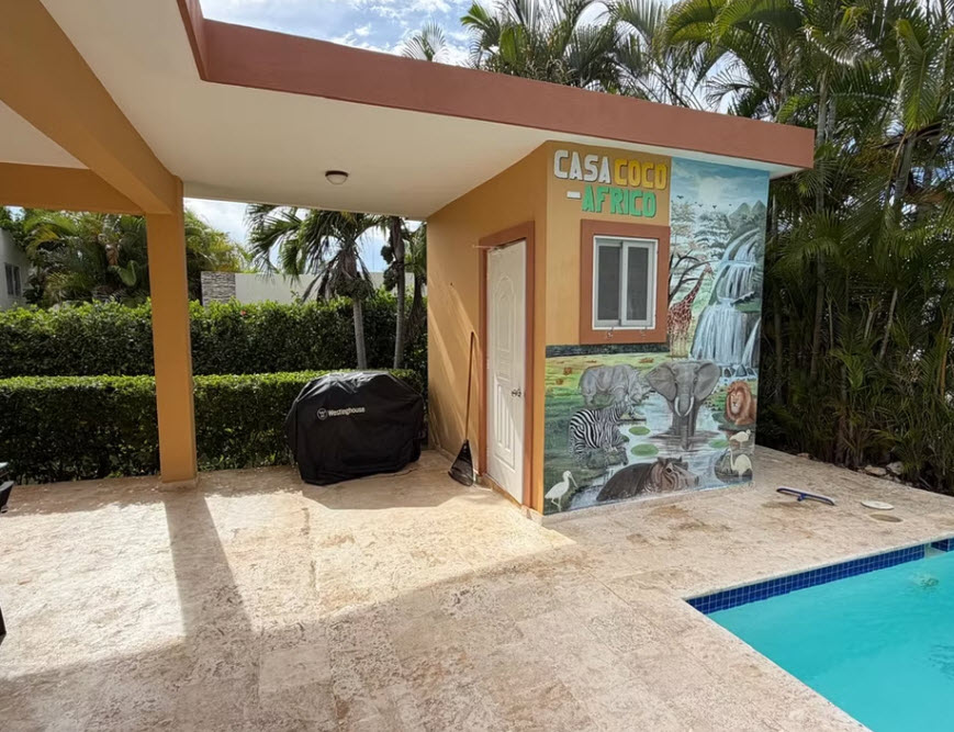 Casa Coco Aflico mural with African animals and waterfall, outdoor patio with pool