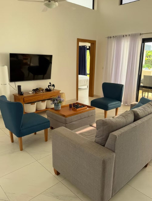 Modern living room with gray sofa, teal chairs, and minimalist decor