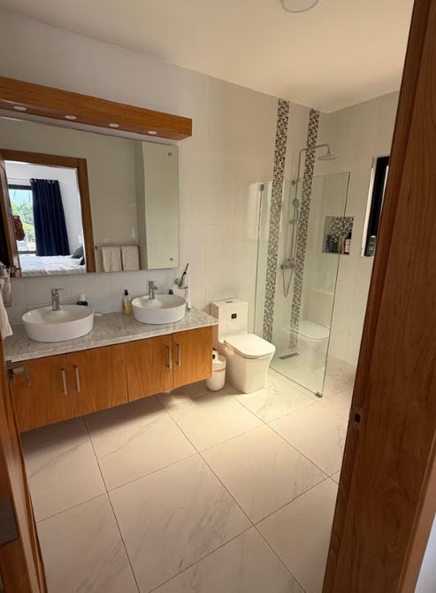 Modern bathroom with double vanity, walk-in shower, and wooden accents