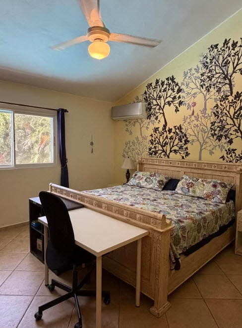 Bedroom with queen bed, desk, and tree mural