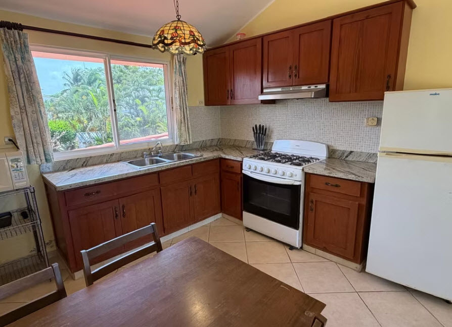 Warm kitchen with wooden cabinets, granite countertops, and a view of tropical greenery.