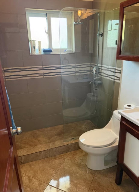 Modern bathroom with glass-enclosed shower, toilet, and vanity