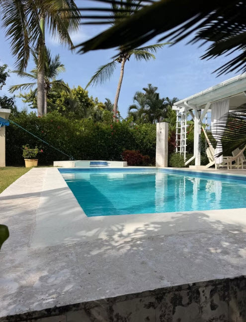 Tropical villa with a sparkling blue swimming pool surrounded by lush green palm trees.