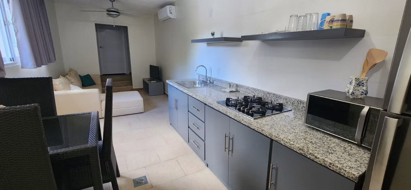 Modern apartment kitchen with granite countertops and stainless steel appliances