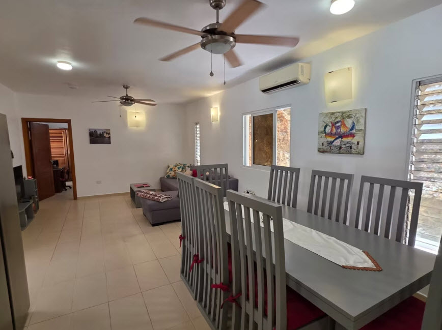 Modern dining room and living area with gray table, sofa, and ceiling fans.