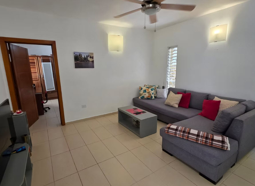 Modern living room with gray sectional sofa, coffee table, and ceiling fan
