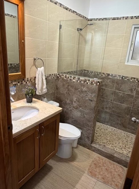 Modern bathroom with a walk-in shower, vanity, and toilet