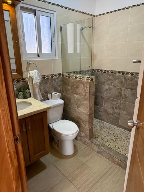 Modern bathroom with a walk-in shower, toilet, and vanity