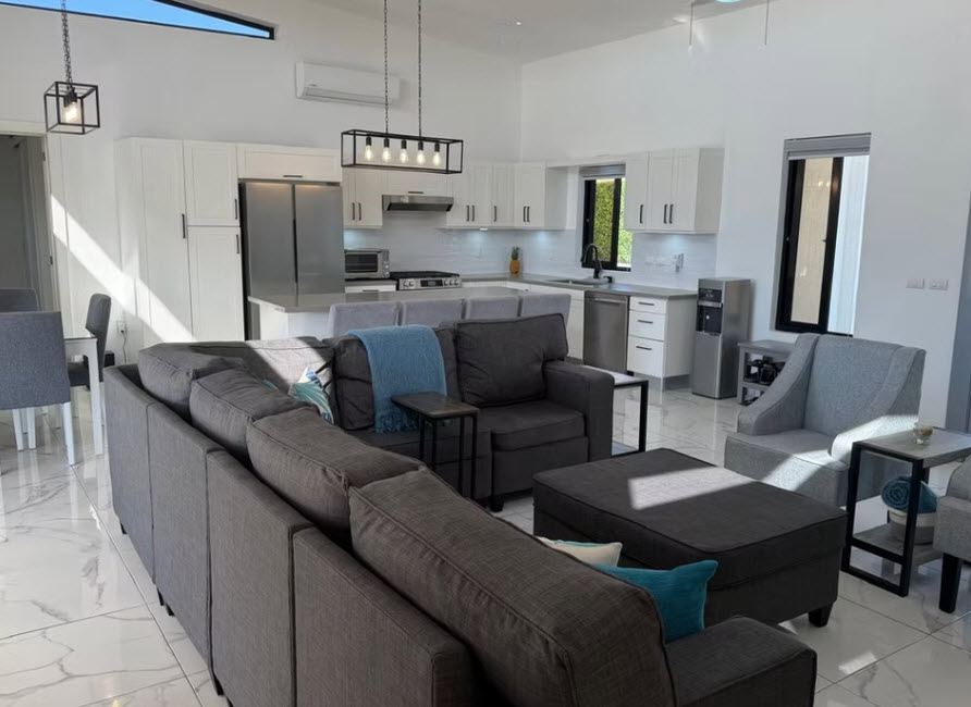 Modern open-plan living and kitchen area with gray sectional sofa and white cabinets.