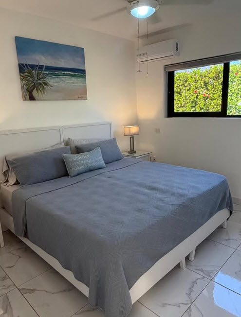 Comfortable bedroom with a king-size bed, tropical artwork, and a lush green view
