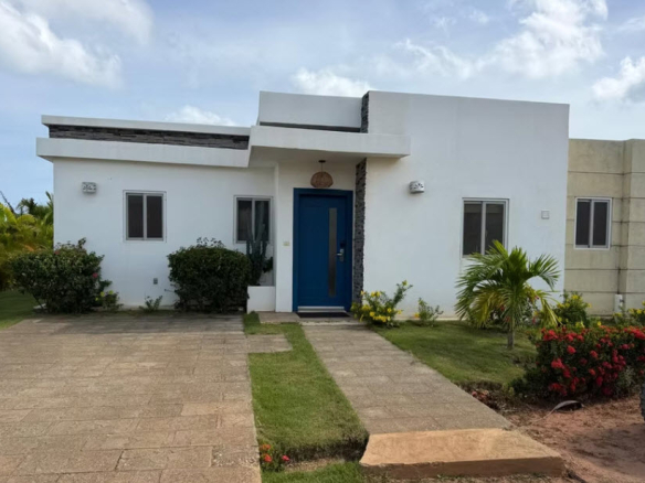 Modern white house with blue door and landscaped yard