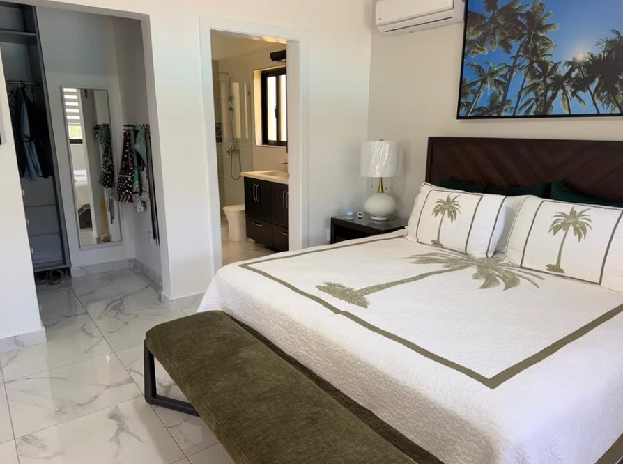 Modern bedroom with palm tree decor, white bedding, and open closet