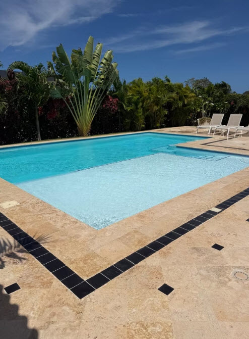 Tropical backyard with a sparkling swimming pool and lounge chairs